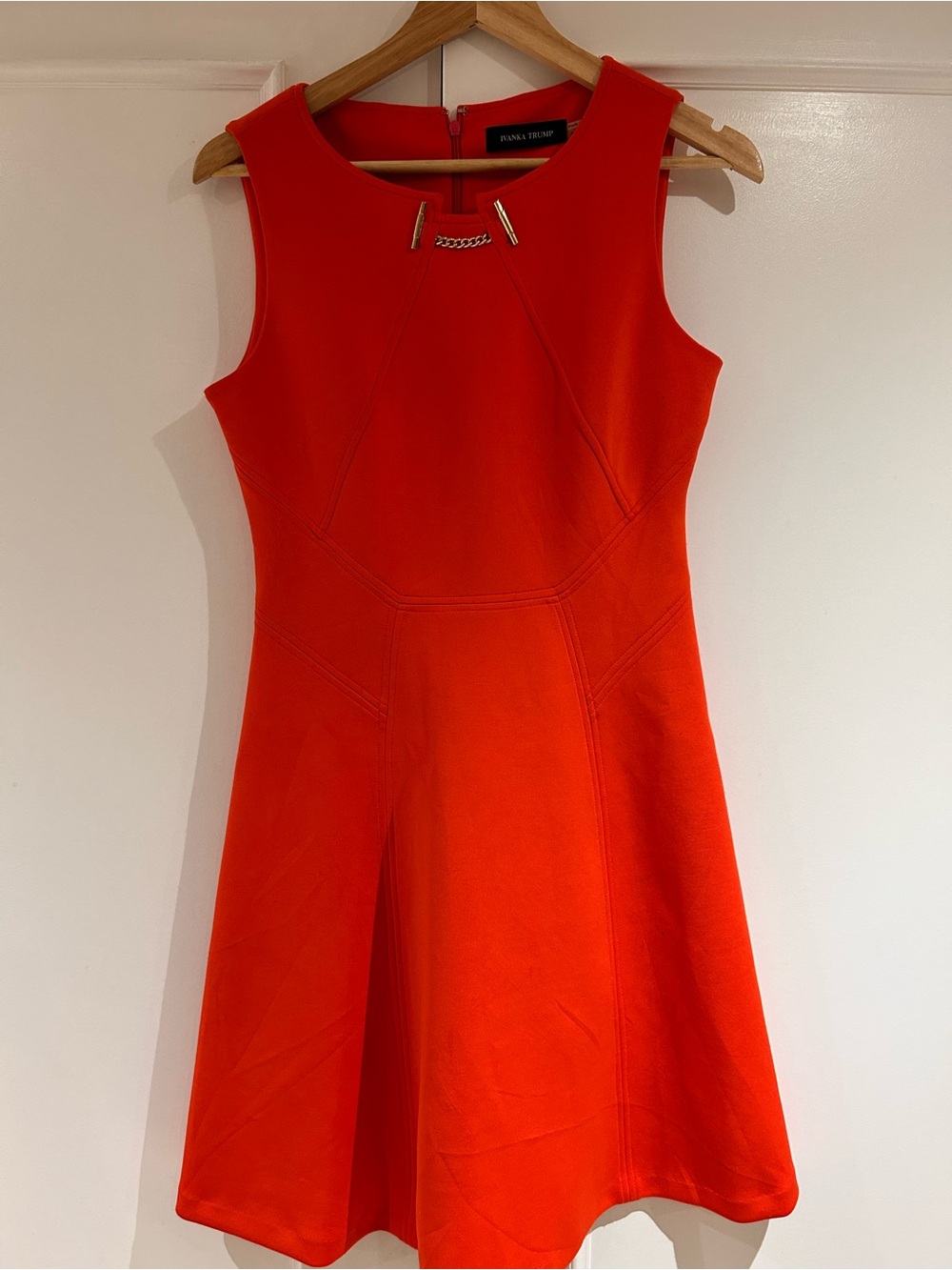 Ivanka Trump bright orange sleeveless A-line mini dress with chain detail